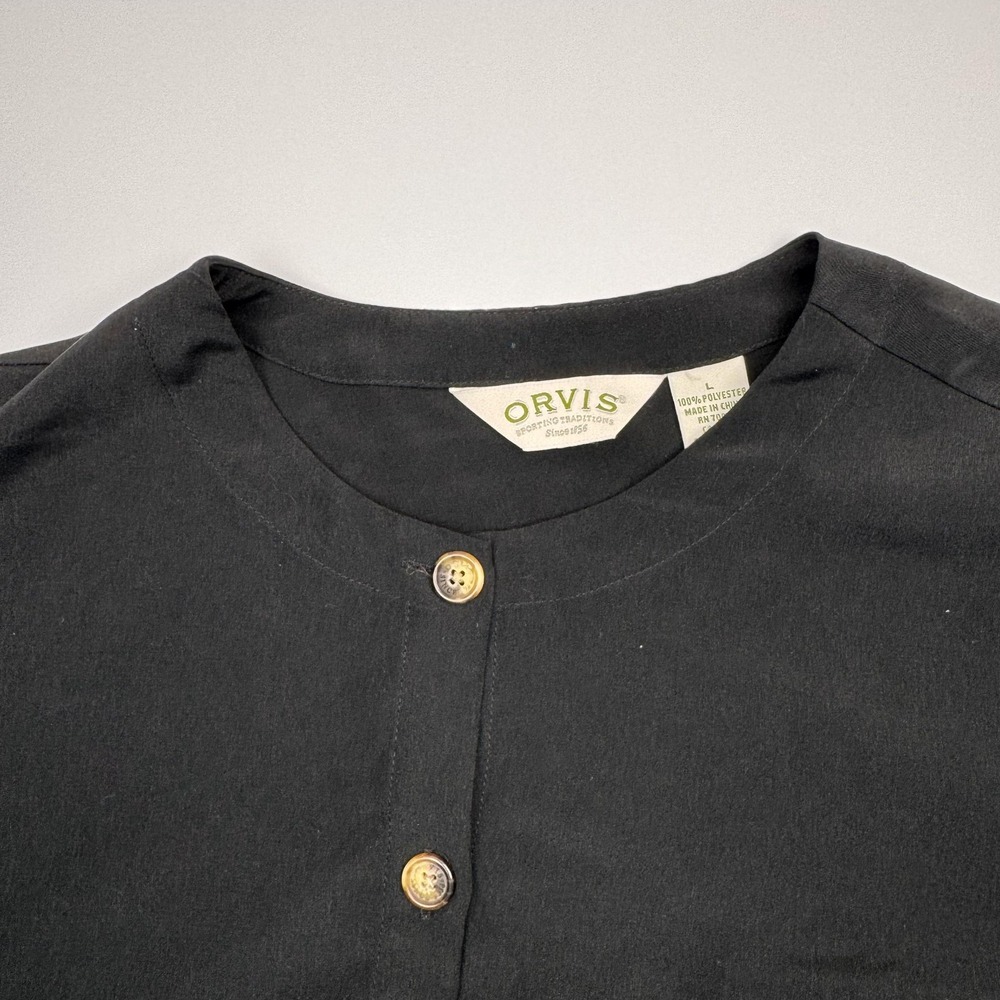 Orvis Shirt Womens Large Black Short Sleeve Button Front Band Collar Casual - Picture 2 of 9